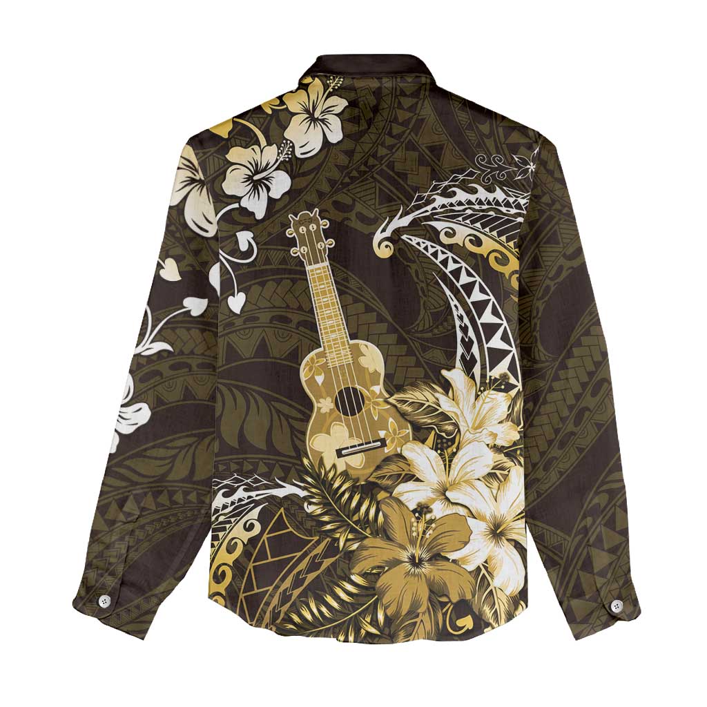 Hawaii Ukulele Women Casual Shirt Polynesian Pattern Mix Hibiscus Gold Version LT05