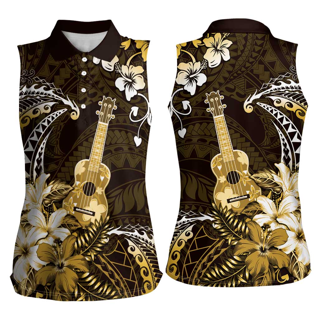 Hawaii Ukulele Women Sleeveless Polo Shirt Polynesian Pattern Mix Hibiscus Gold Version LT05