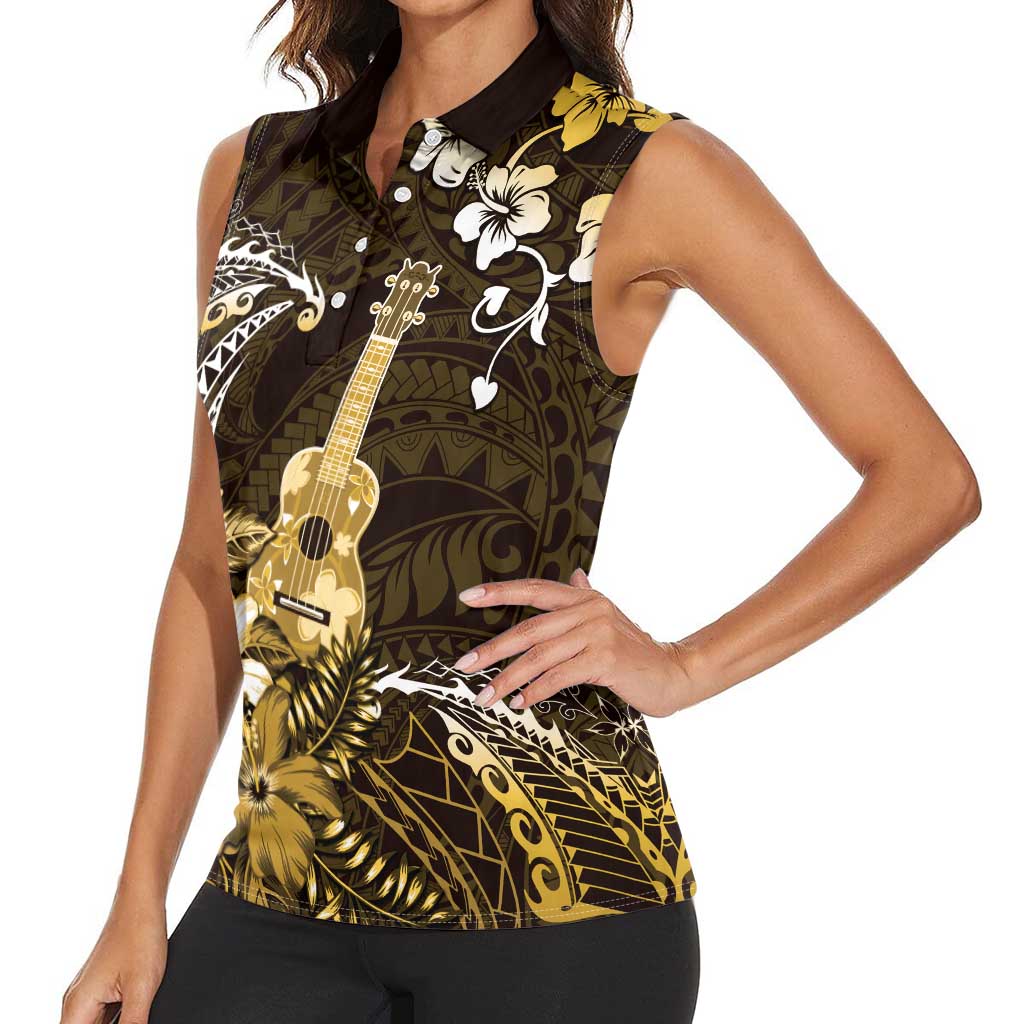 Hawaii Ukulele Women Sleeveless Polo Shirt Polynesian Pattern Mix Hibiscus Gold Version LT05