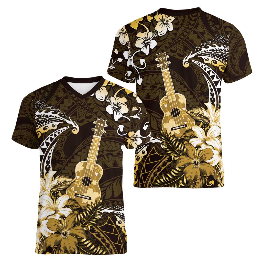 Hawaii Ukulele Women V-Neck T-Shirt Polynesian Pattern Mix Hibiscus Gold Version LT05