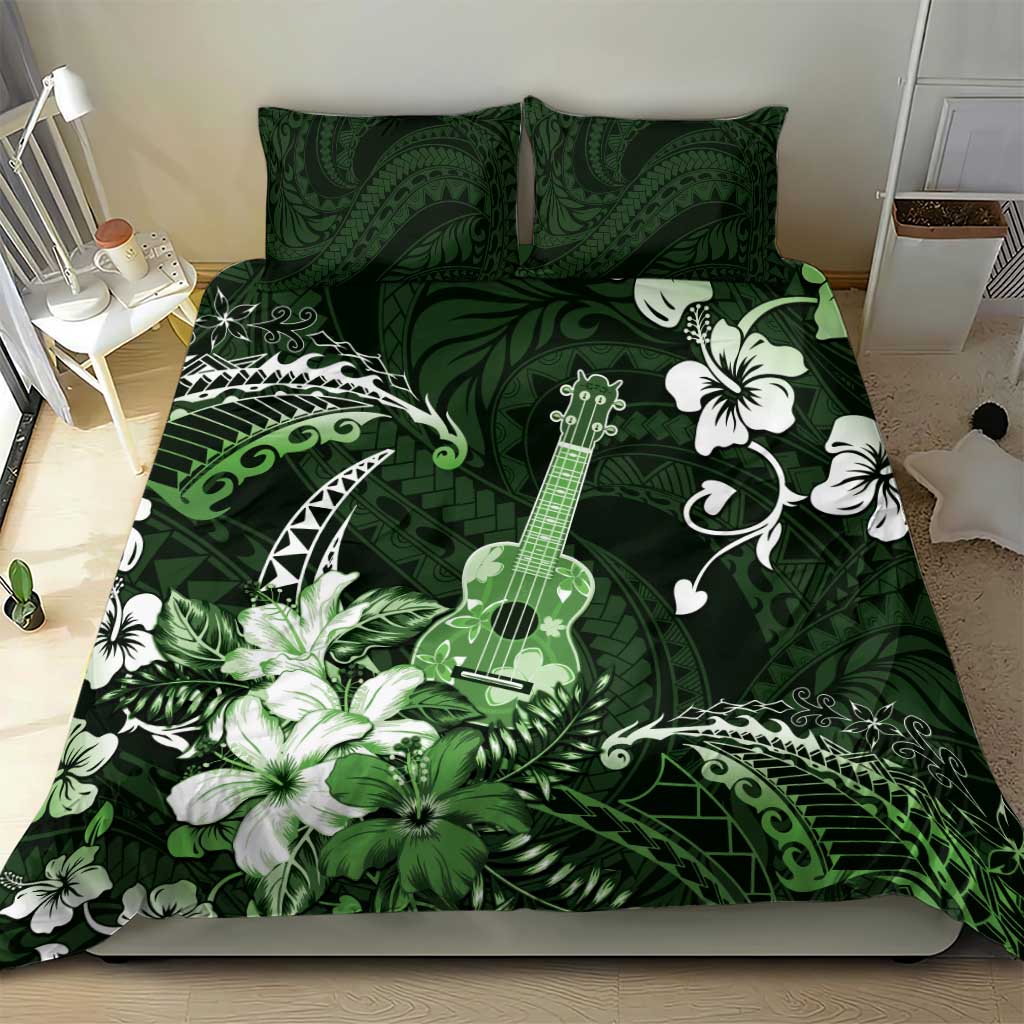 Hawaii Ukulele Bedding Set Polynesian Pattern Mix Hibiscus Green Version