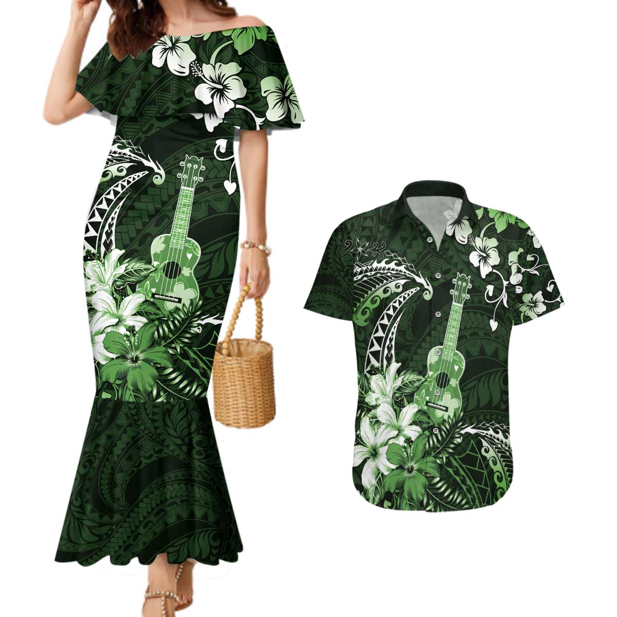 Hawaii Ukulele Couples Matching Mermaid Dress and Hawaiian Shirt Polynesian Pattern Mix Hibiscus Green Version LT05