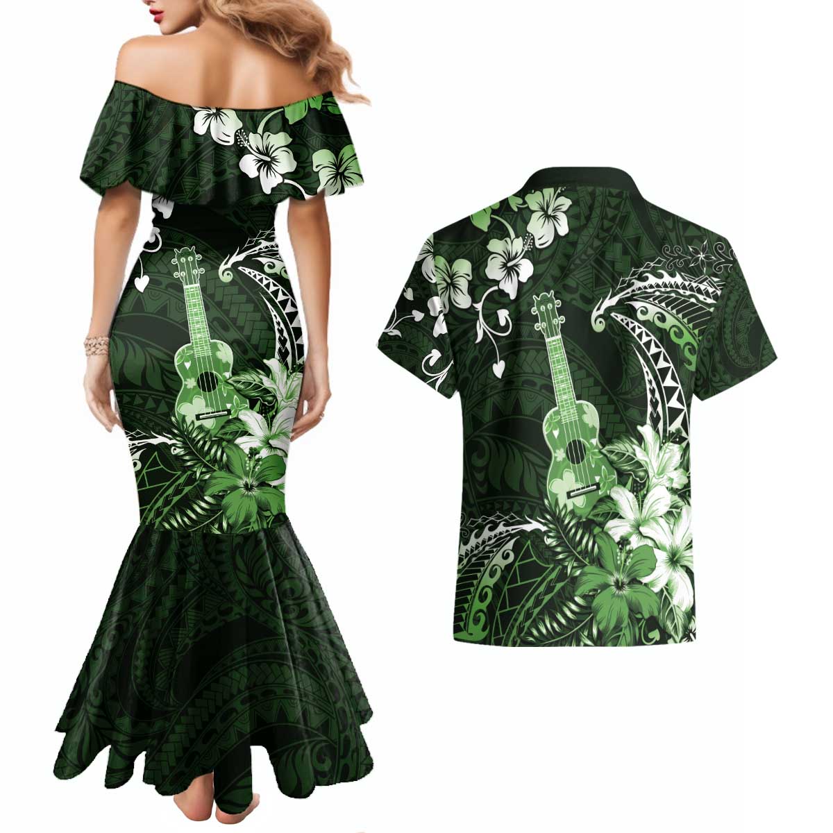 Hawaii Ukulele Couples Matching Mermaid Dress and Hawaiian Shirt Polynesian Pattern Mix Hibiscus Green Version LT05