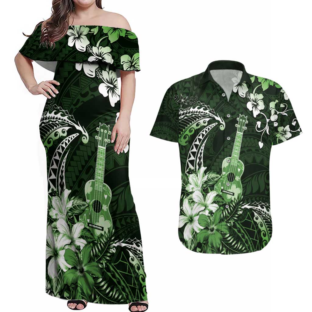 Hawaii Ukulele Couples Matching Off Shoulder Maxi Dress and Hawaiian Shirt Polynesian Pattern Mix Hibiscus Green Version LT05