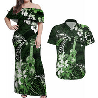 Hawaii Ukulele Couples Matching Off Shoulder Maxi Dress and Hawaiian Shirt Polynesian Pattern Mix Hibiscus Green Version LT05
