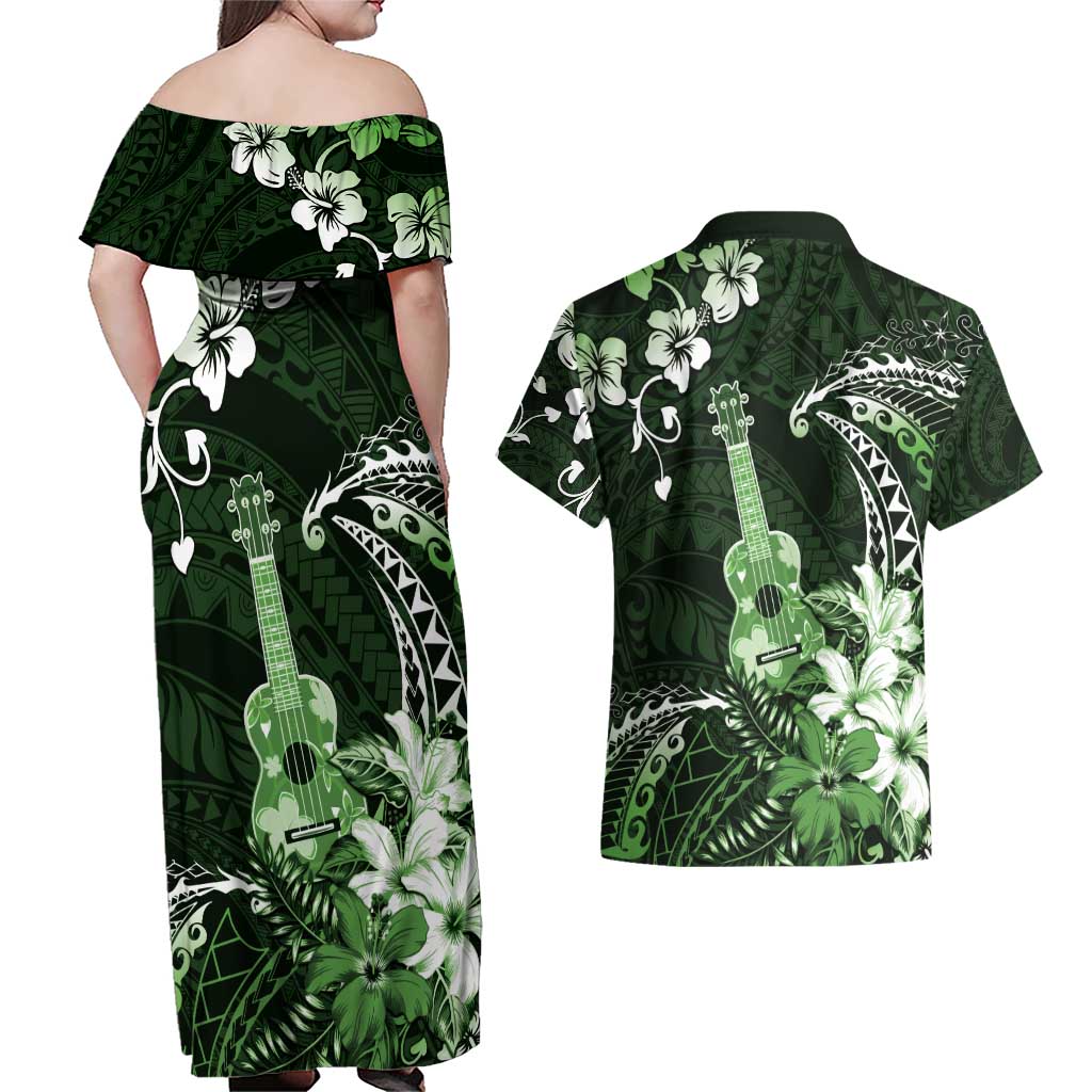 Hawaii Ukulele Couples Matching Off Shoulder Maxi Dress and Hawaiian Shirt Polynesian Pattern Mix Hibiscus Green Version LT05