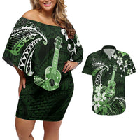Hawaii Ukulele Couples Matching Off Shoulder Short Dress and Hawaiian Shirt Polynesian Pattern Mix Hibiscus Green Version LT05