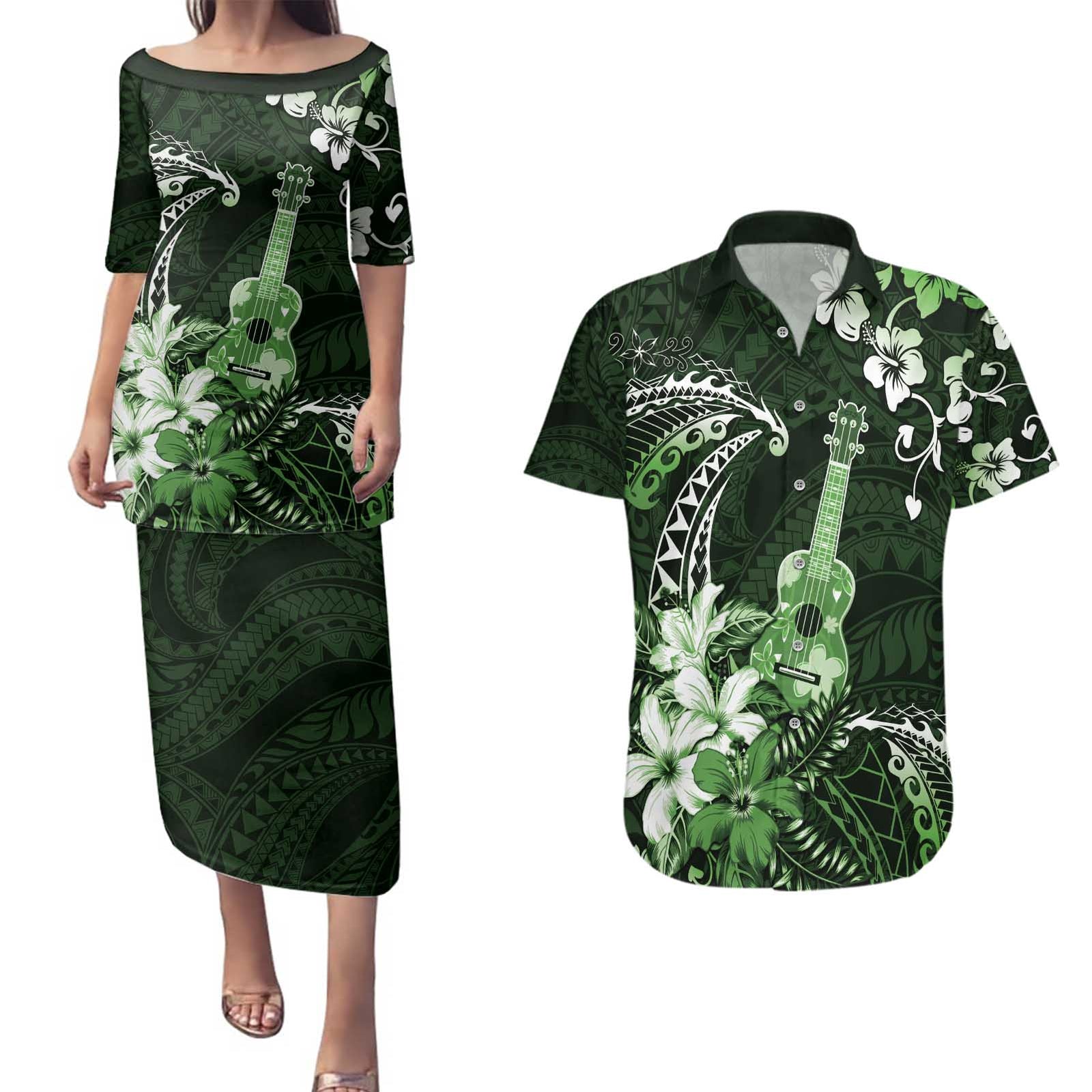 Hawaii Ukulele Couples Matching Puletasi and Hawaiian Shirt Polynesian Pattern Mix Hibiscus Green Version LT05