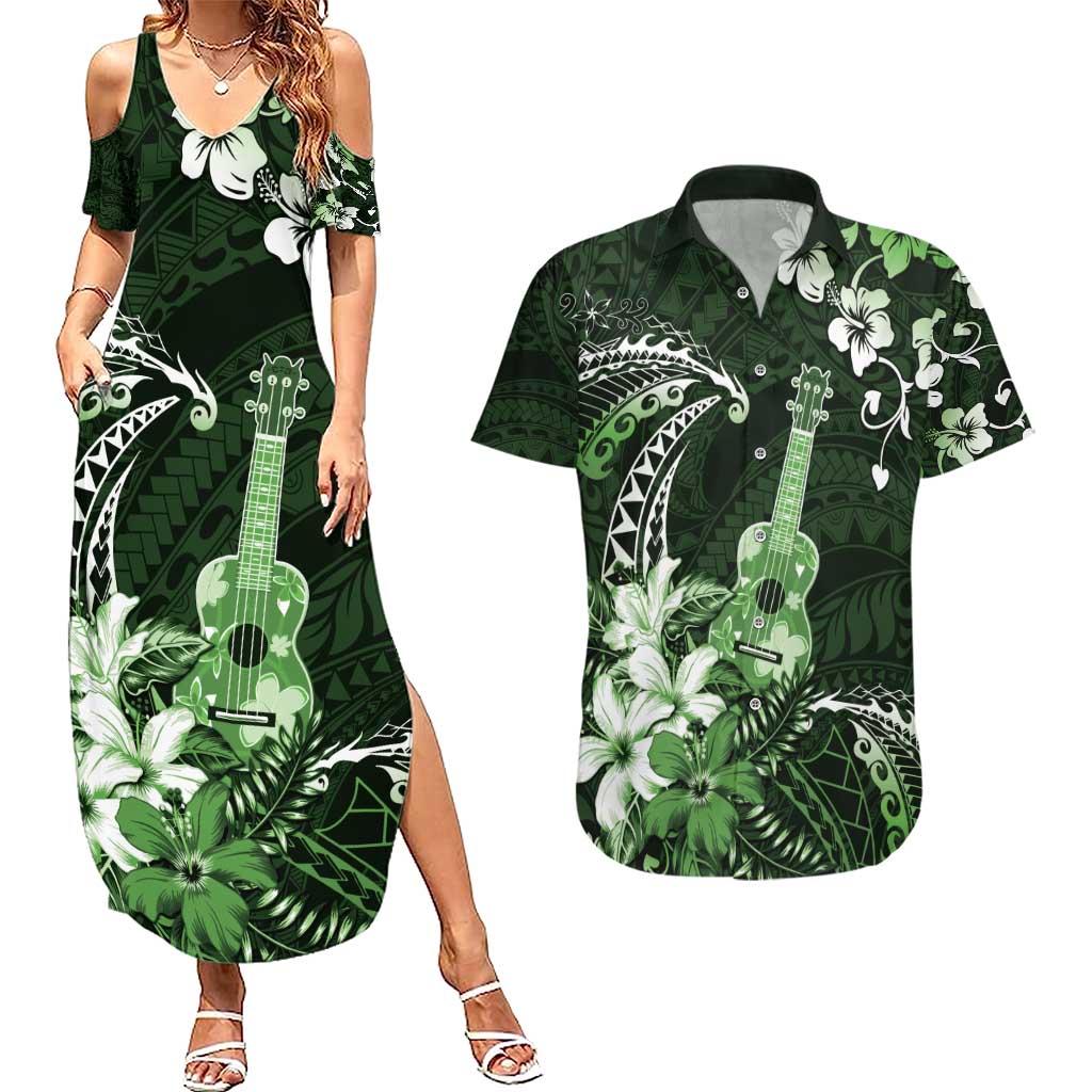 Hawaii Ukulele Couples Matching Summer Maxi Dress and Hawaiian Shirt Polynesian Pattern Mix Hibiscus Green Version LT05