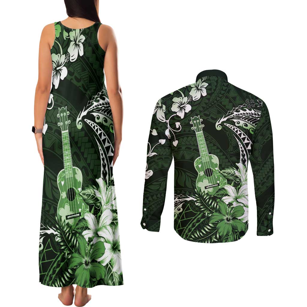 Hawaii Ukulele Couples Matching Tank Maxi Dress and Long Sleeve Button Shirt Polynesian Pattern Mix Hibiscus Green Version LT05