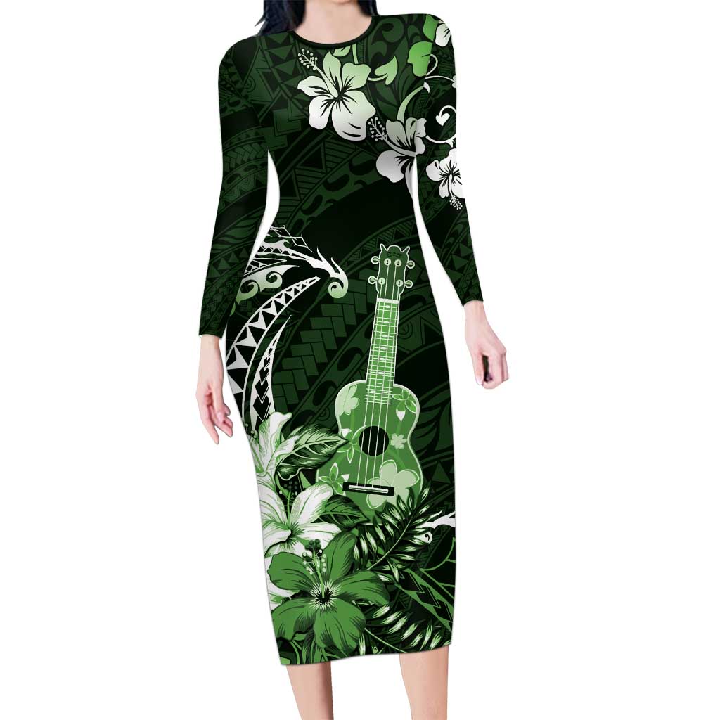 Hawaii Ukulele Family Matching Long Sleeve Bodycon Dress and Hawaiian Shirt Polynesian Pattern Mix Hibiscus Green Version LT05