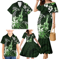 Hawaii Ukulele Family Matching Mermaid Dress and Hawaiian Shirt Polynesian Pattern Mix Hibiscus Green Version LT05
