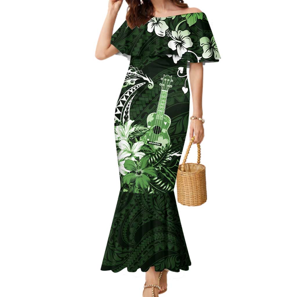 Hawaii Ukulele Family Matching Mermaid Dress and Hawaiian Shirt Polynesian Pattern Mix Hibiscus Green Version LT05