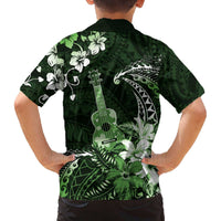 Hawaii Ukulele Family Matching Off The Shoulder Long Sleeve Dress and Hawaiian Shirt Polynesian Pattern Mix Hibiscus Green Version LT05