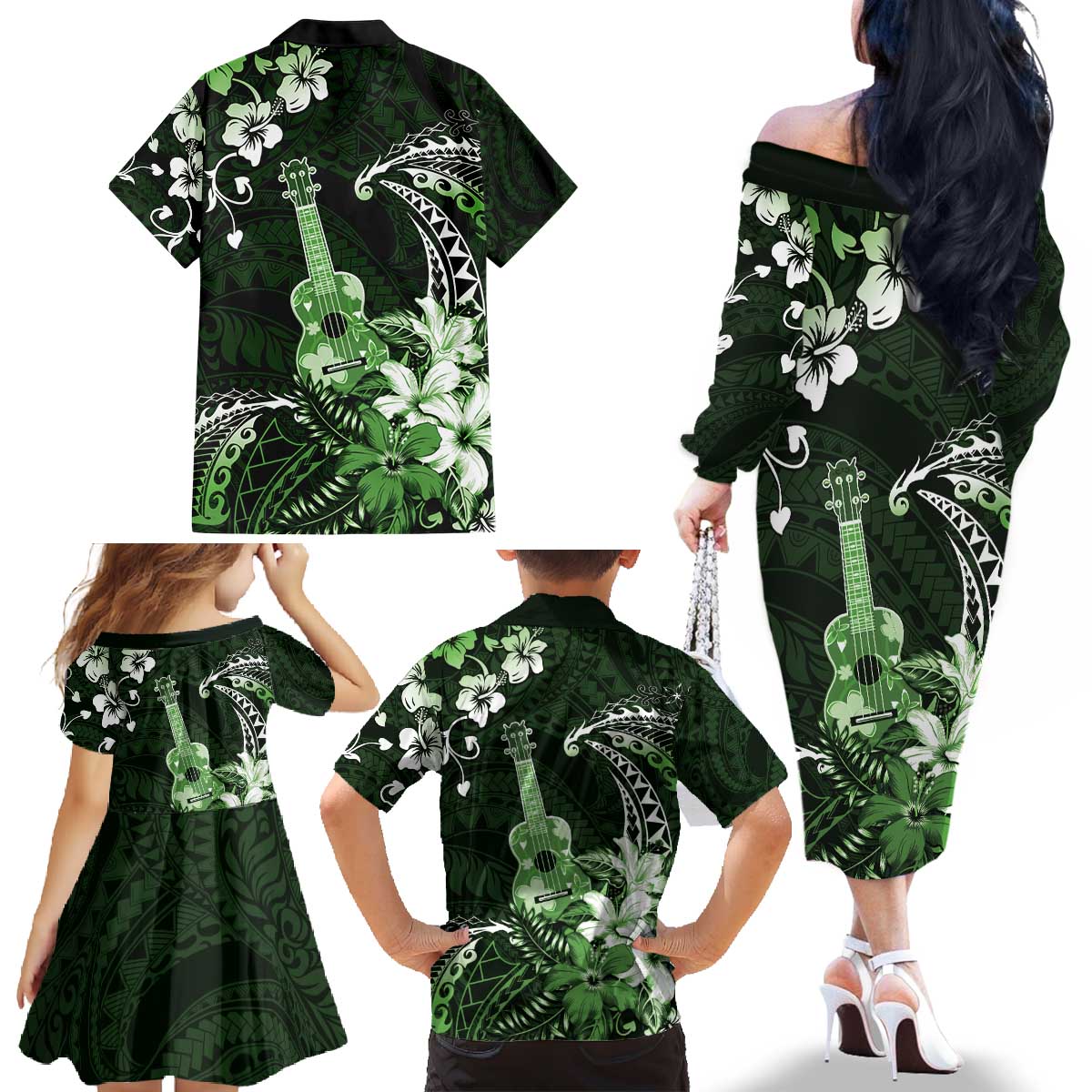 Hawaii Ukulele Family Matching Off The Shoulder Long Sleeve Dress and Hawaiian Shirt Polynesian Pattern Mix Hibiscus Green Version LT05