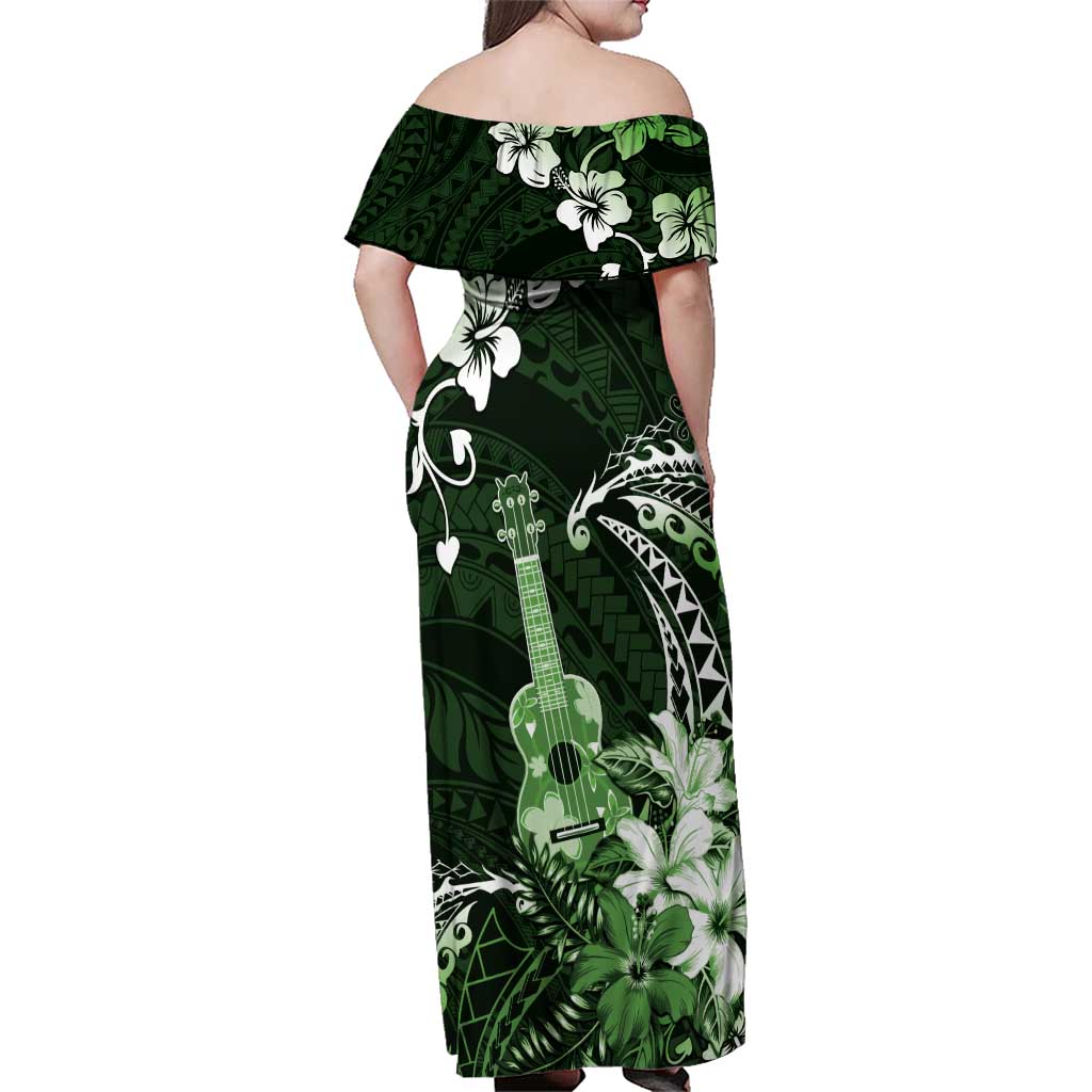 Hawaii Ukulele Family Matching Off Shoulder Maxi Dress and Hawaiian Shirt Polynesian Pattern Mix Hibiscus Green Version LT05