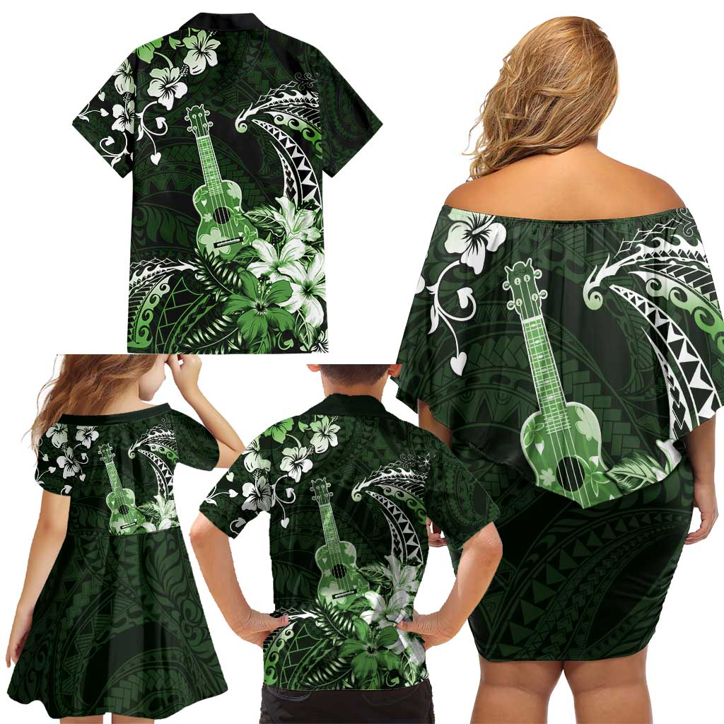 Hawaii Ukulele Family Matching Off Shoulder Short Dress and Hawaiian Shirt Polynesian Pattern Mix Hibiscus Green Version LT05