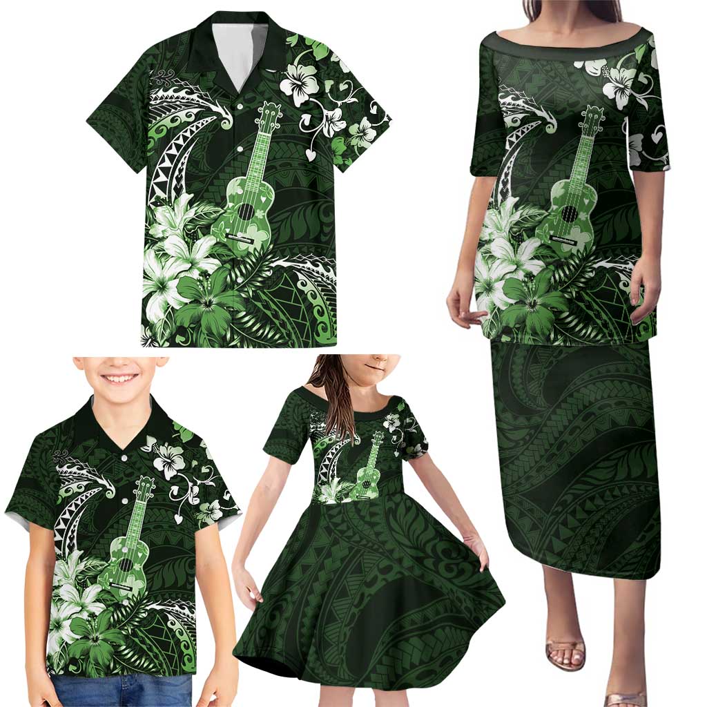 Hawaii Ukulele Family Matching Puletasi and Hawaiian Shirt Polynesian Pattern Mix Hibiscus Green Version LT05