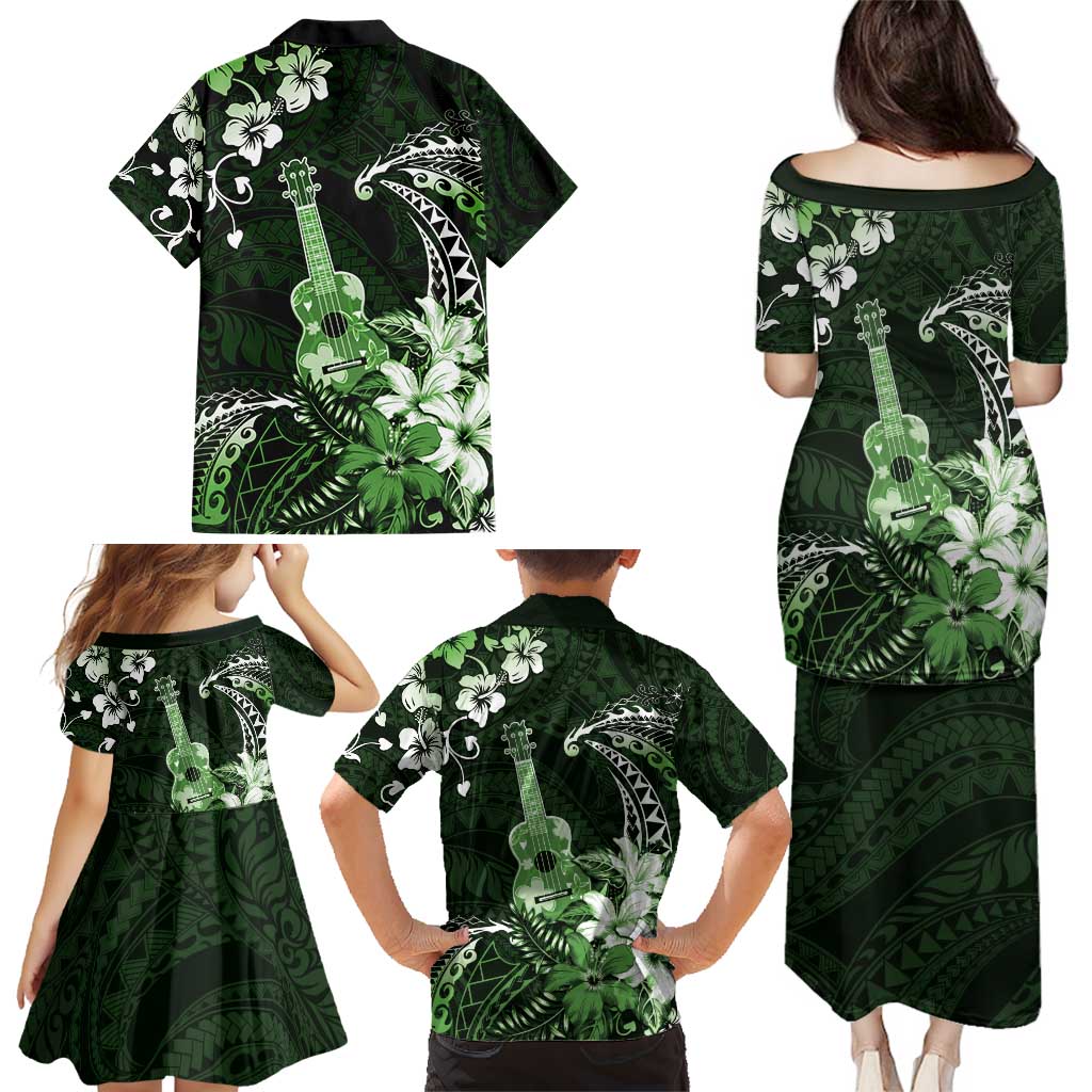 Hawaii Ukulele Family Matching Puletasi and Hawaiian Shirt Polynesian Pattern Mix Hibiscus Green Version LT05