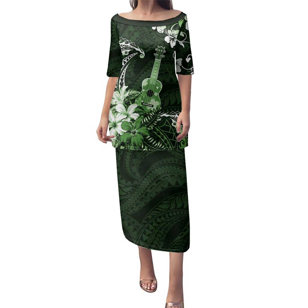 Hawaii Ukulele Family Matching Puletasi and Hawaiian Shirt Polynesian Pattern Mix Hibiscus Green Version LT05