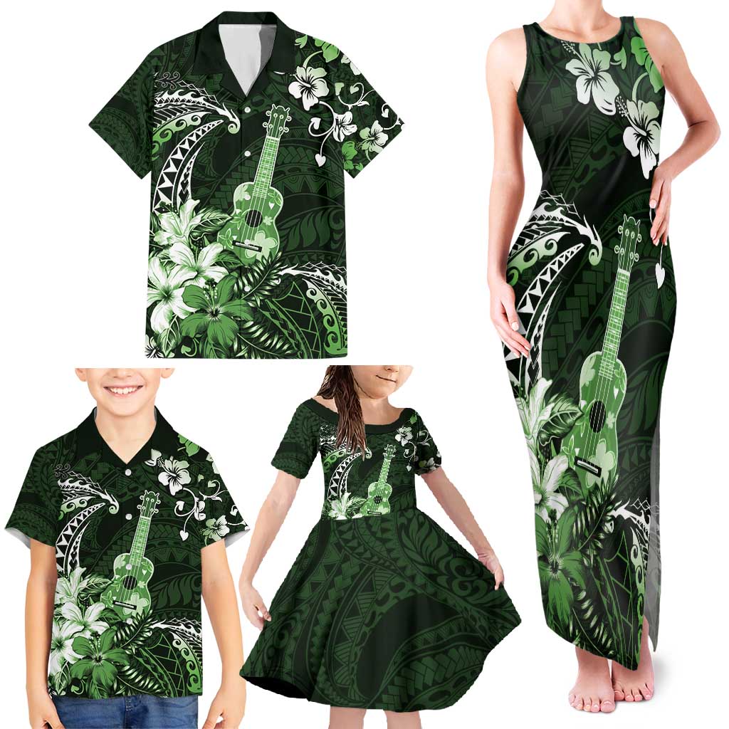 Hawaii Ukulele Family Matching Tank Maxi Dress and Hawaiian Shirt Polynesian Pattern Mix Hibiscus Green Version LT05