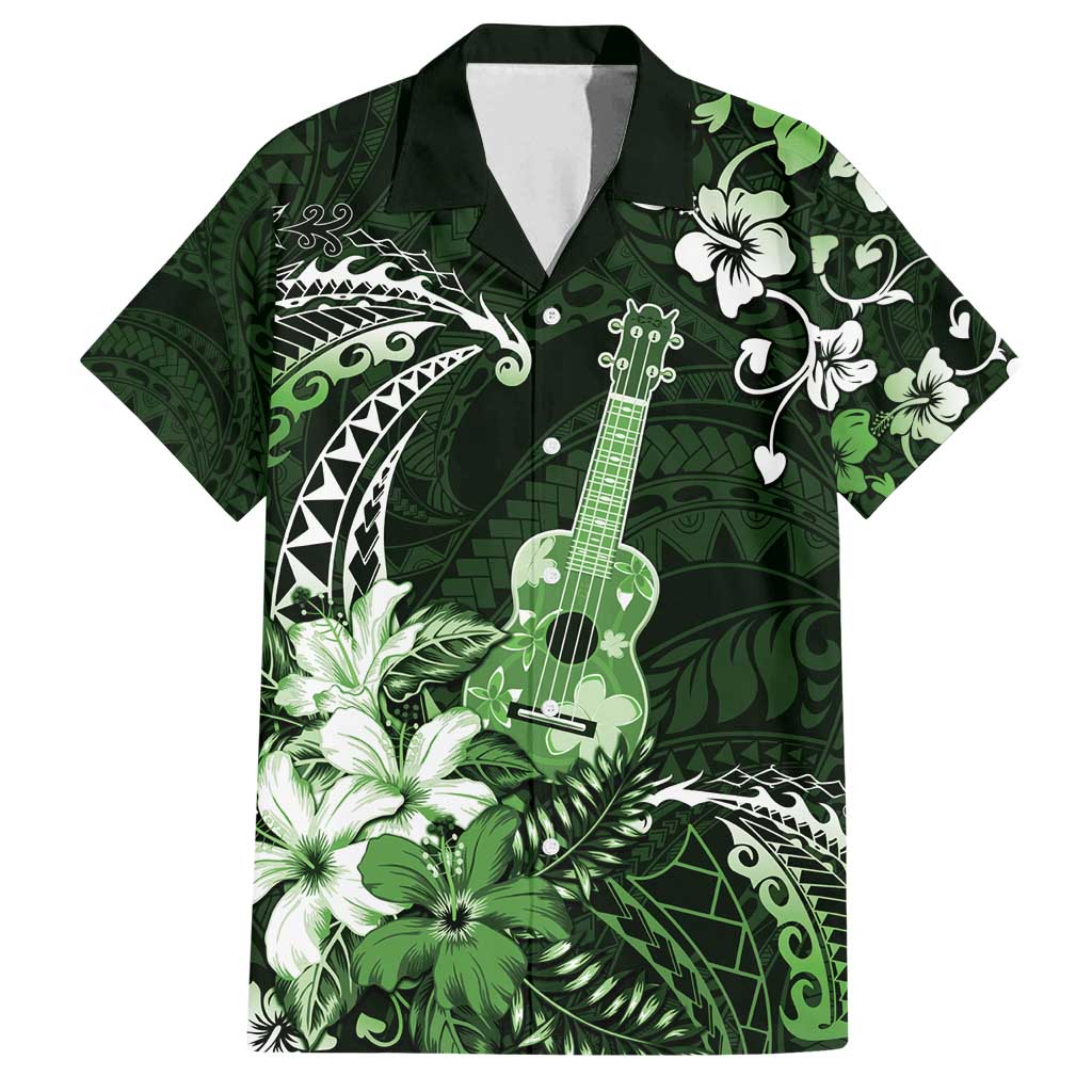 Hawaii Ukulele Family Matching Tank Maxi Dress and Hawaiian Shirt Polynesian Pattern Mix Hibiscus Green Version LT05