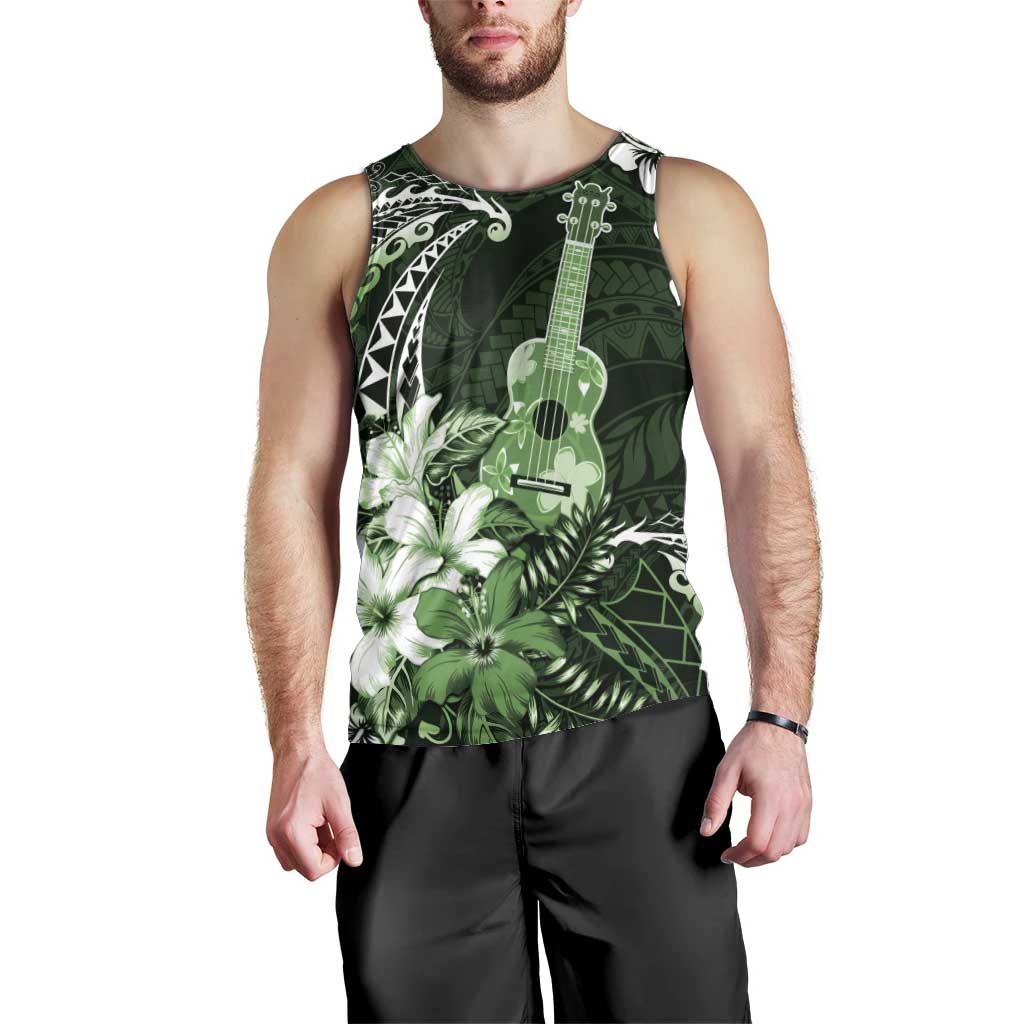 Hawaii Ukulele Men Tank Top Polynesian Pattern Mix Hibiscus Green Version LT05