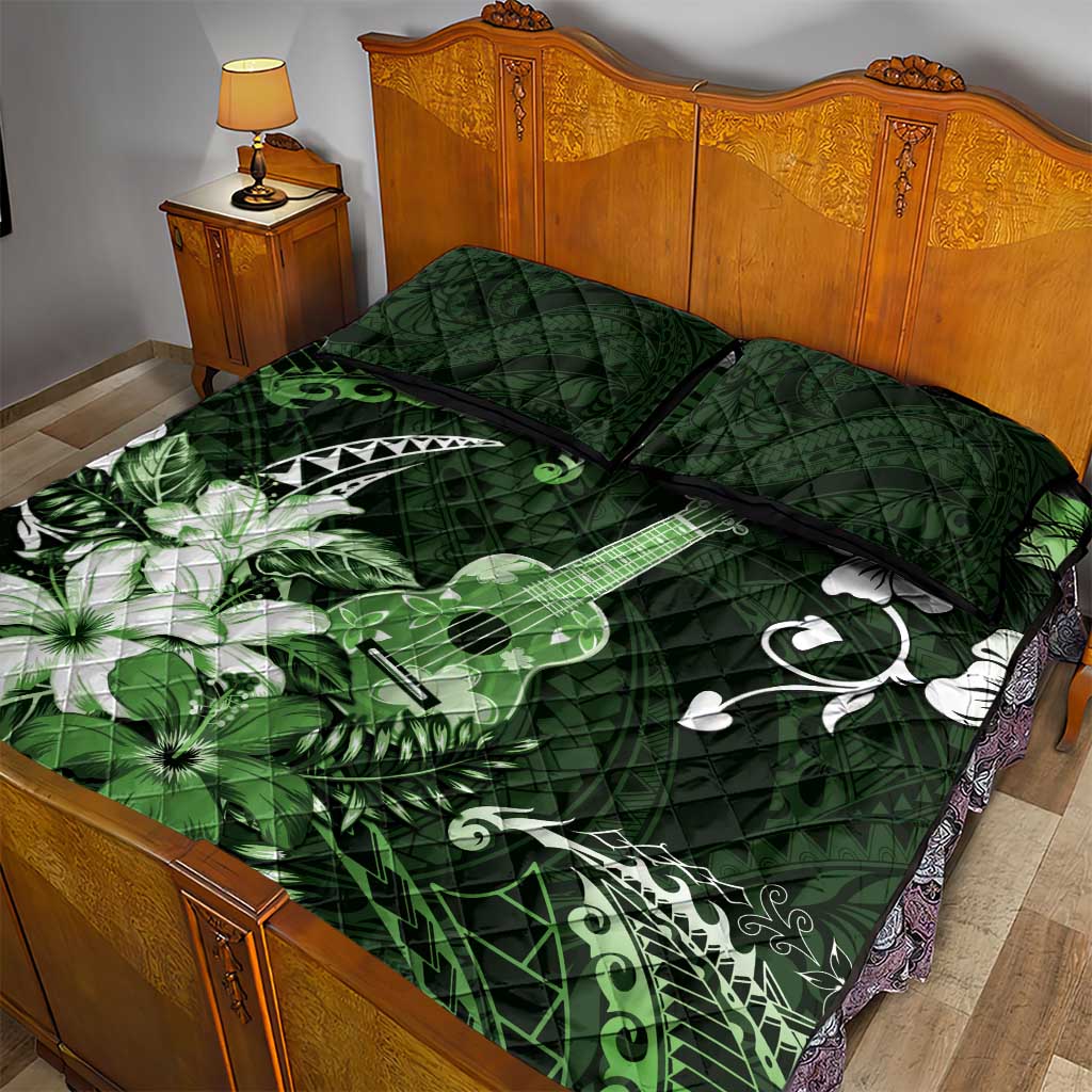 Hawaii Ukulele Quilt Bed Set Polynesian Pattern Mix Hibiscus Green Version