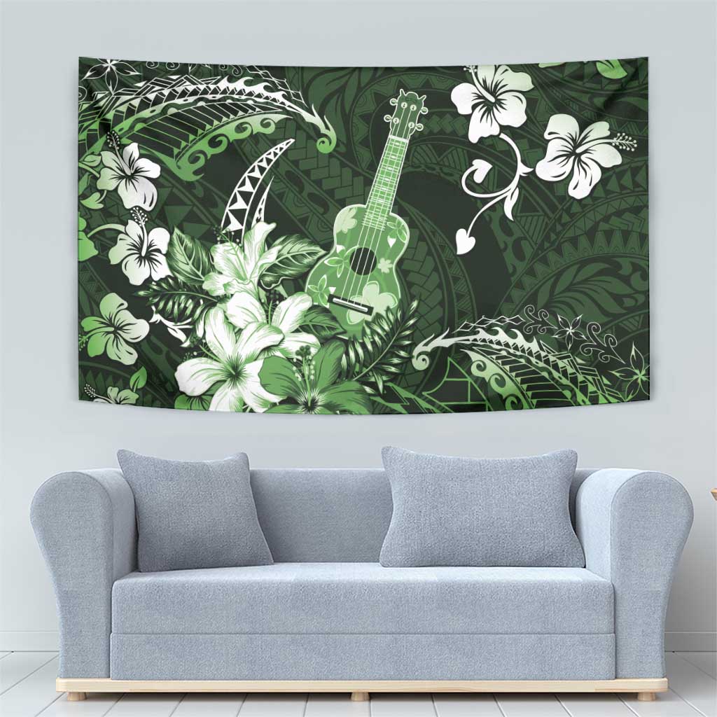 Hawaii Ukulele Tapestry Polynesian Pattern Mix Hibiscus Green Version
