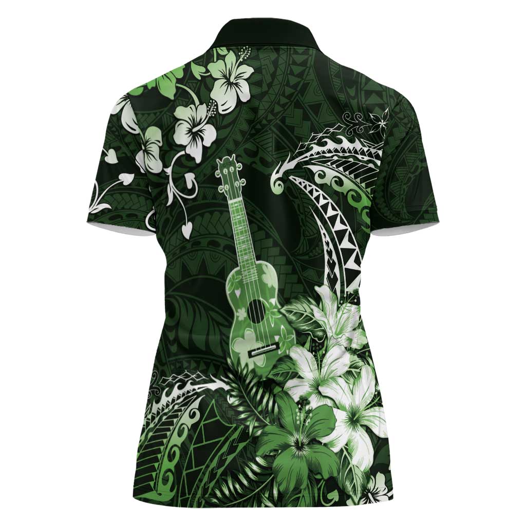 Hawaii Ukulele Women Polo Shirt Polynesian Pattern Mix Hibiscus Green Version LT05