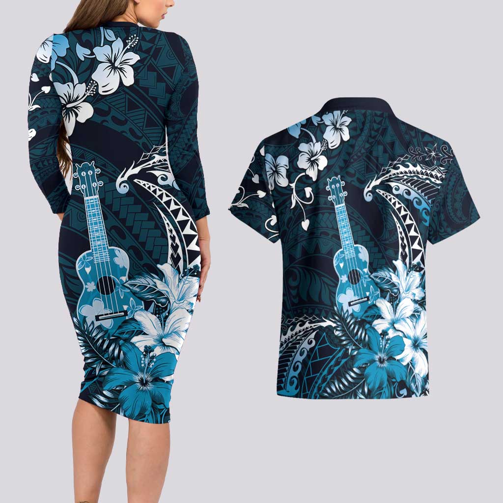 Hawaii Ukulele Couples Matching Long Sleeve Bodycon Dress and Hawaiian Shirt Polynesian Pattern Mix Hibiscus Blue Version LT05