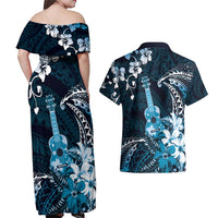 Hawaii Ukulele Couples Matching Off Shoulder Maxi Dress and Hawaiian Shirt Polynesian Pattern Mix Hibiscus Blue Version LT05