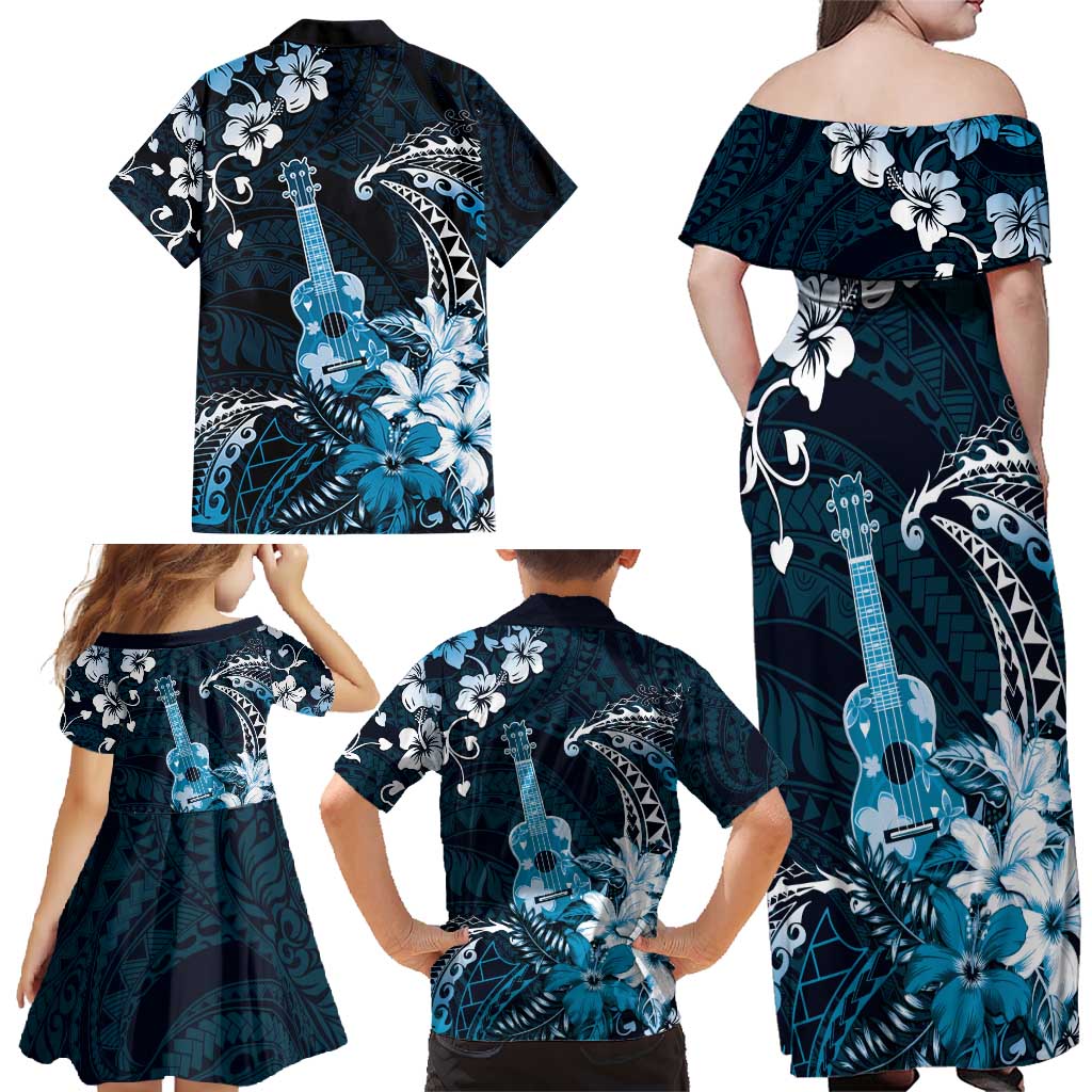 Hawaii Ukulele Family Matching Off Shoulder Maxi Dress and Hawaiian Shirt Polynesian Pattern Mix Hibiscus Blue Version LT05