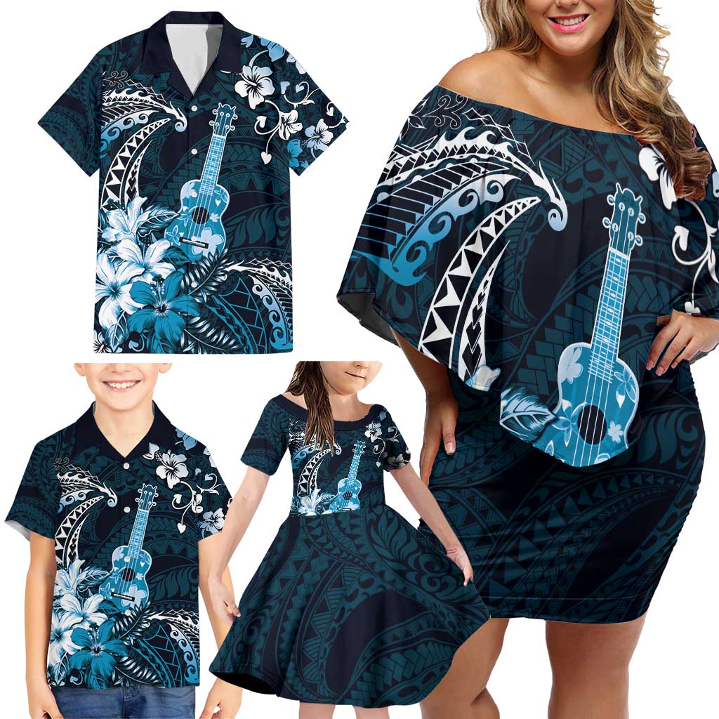 Hawaii Ukulele Family Matching Off Shoulder Short Dress and Hawaiian Shirt Polynesian Pattern Mix Hibiscus Blue Version LT05