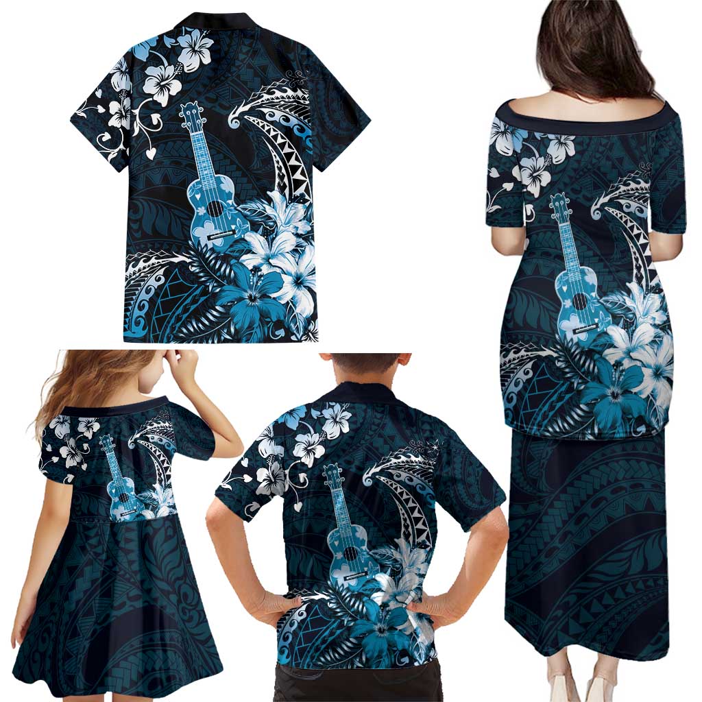 Hawaii Ukulele Family Matching Puletasi and Hawaiian Shirt Polynesian Pattern Mix Hibiscus Blue Version LT05