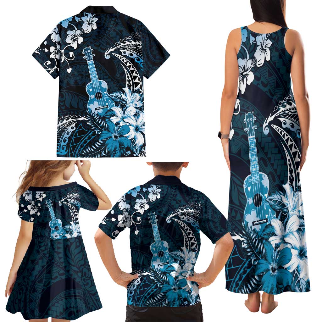 Hawaii Ukulele Family Matching Tank Maxi Dress and Hawaiian Shirt Polynesian Pattern Mix Hibiscus Blue Version LT05