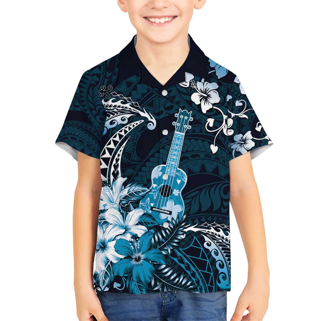 Hawaii Ukulele Family Matching Tank Maxi Dress and Hawaiian Shirt Polynesian Pattern Mix Hibiscus Blue Version LT05