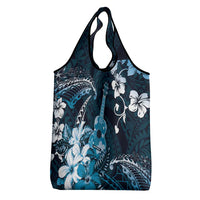 Hawaii Ukulele Grocery Bag Polynesian Pattern Mix Hibiscus Blue Version
