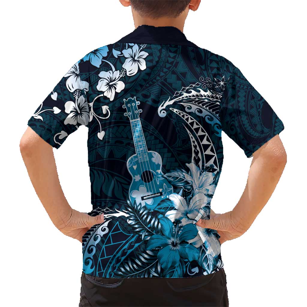 Hawaii Ukulele Kid Hawaiian Shirt Polynesian Pattern Mix Hibiscus Blue Version LT05