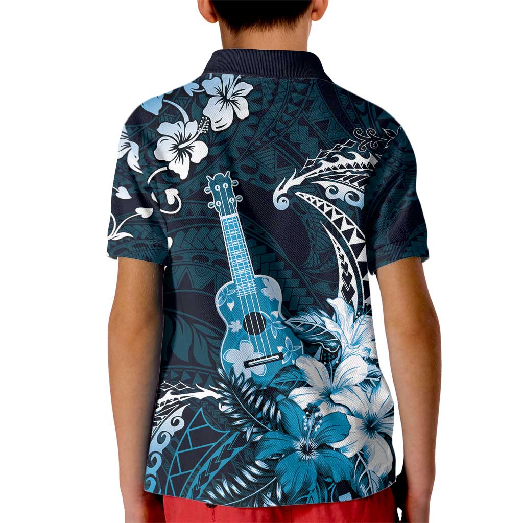 Hawaii Ukulele Kid Polo Shirt Polynesian Pattern Mix Hibiscus Blue Version LT05