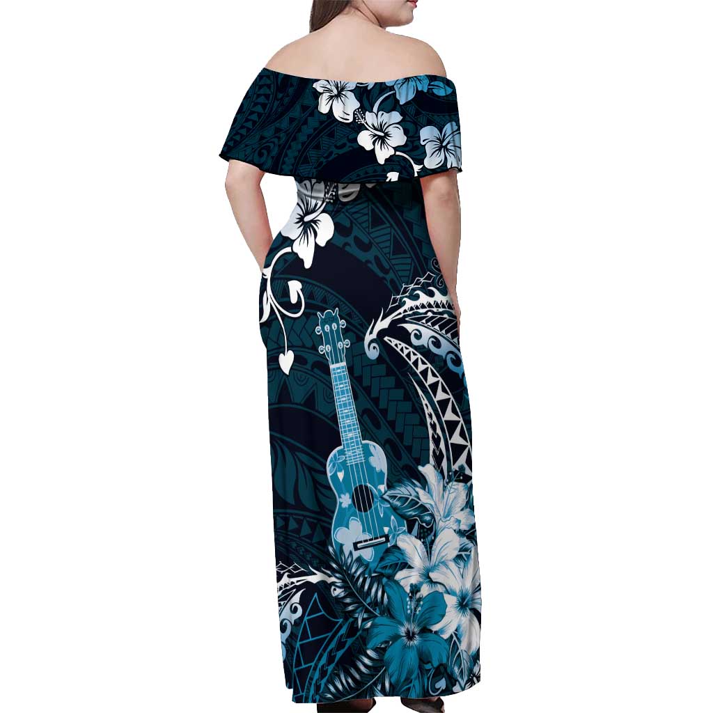 Hawaii Ukulele Off Shoulder Maxi Dress Polynesian Pattern Mix Hibiscus Blue Version LT05