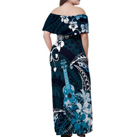 Hawaii Ukulele Off Shoulder Maxi Dress Polynesian Pattern Mix Hibiscus Blue Version LT05