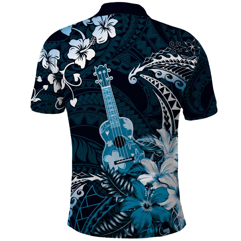 Hawaii Ukulele Polo Shirt Polynesian Pattern Mix Hibiscus Blue Version LT05