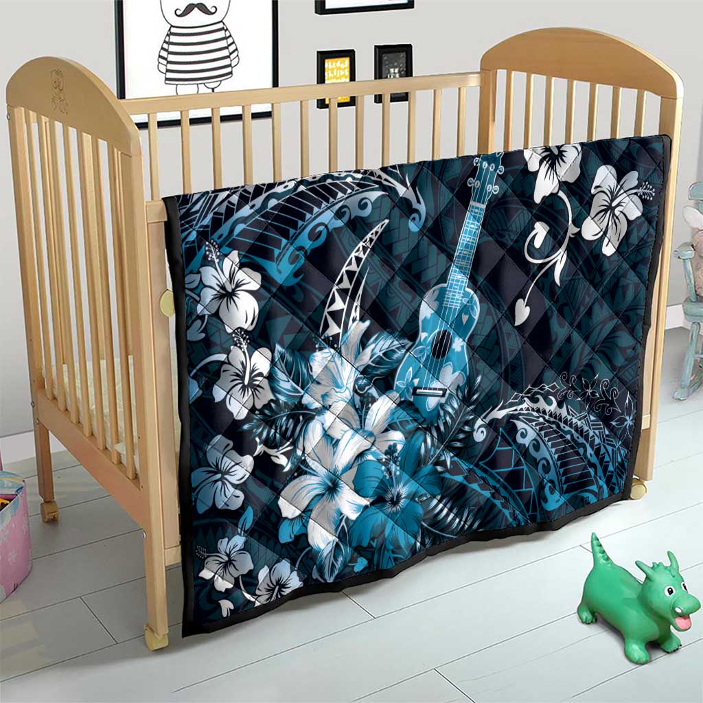 Hawaii Ukulele Quilt Polynesian Pattern Mix Hibiscus Blue Version