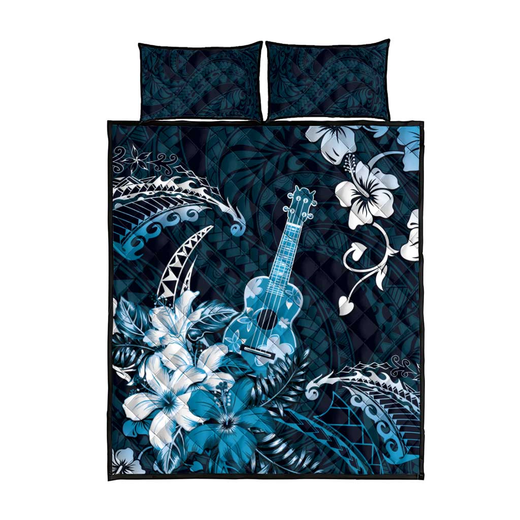 Hawaii Ukulele Quilt Bed Set Polynesian Pattern Mix Hibiscus Blue Version
