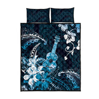 Hawaii Ukulele Quilt Bed Set Polynesian Pattern Mix Hibiscus Blue Version