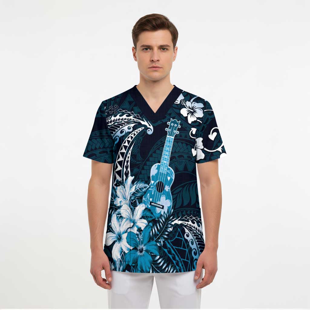 Hawaii Ukulele Scrub Top Polynesian Pattern Mix Hibiscus Blue Version - Polynesian Pride