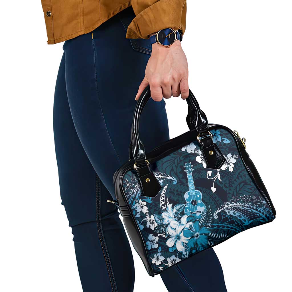 Hawaii Ukulele Shoulder Handbag Polynesian Pattern Mix Hibiscus Blue Version