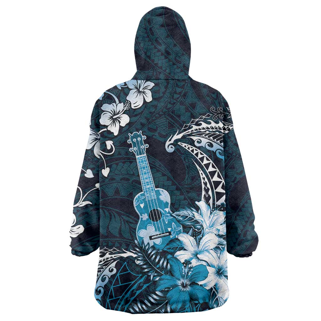 Hawaii Ukulele Wearable Blanket Hoodie Polynesian Pattern Mix Hibiscus Blue Version LT05