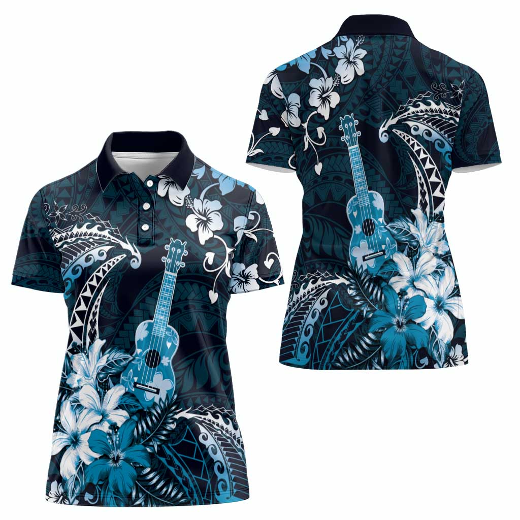 Hawaii Ukulele Women Polo Shirt Polynesian Pattern Mix Hibiscus Blue Version LT05